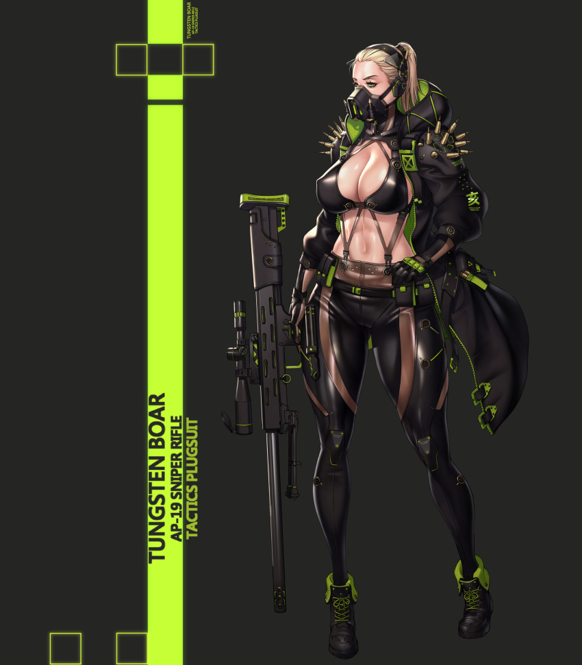 blonde_hair breasts cleavage coat female female full_body gloves gun huge_breasts large_breasts mask midriff ponytail respirator shiny shiny_skin shoulder_pads standing tied_hair weapon wei_(kaminari0411)