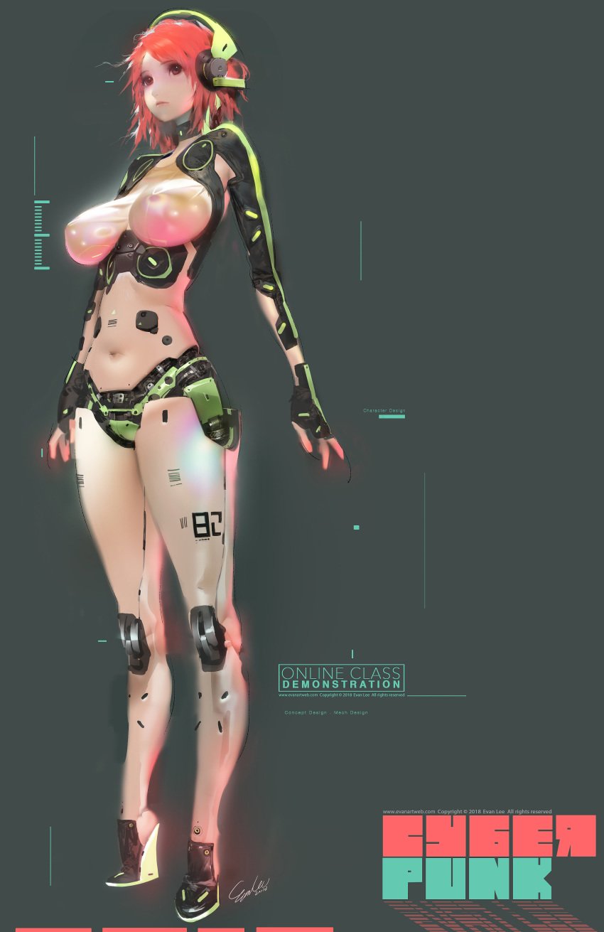 cyborg evan_lee female full_body futuristic headphones huge_breasts mechanical red_hair solo standing