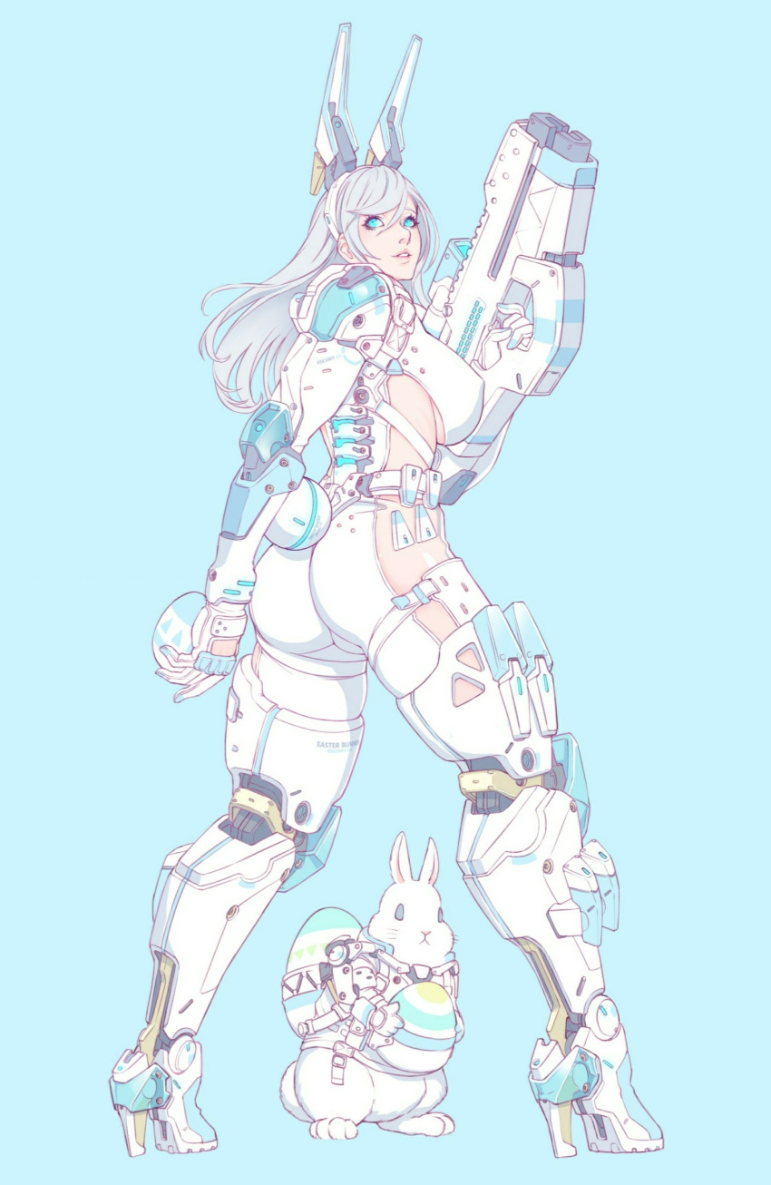 ass blue_background blue_eyes bodysuit breasts bunny cyborg easter_egg egg female female full_body gloves gun hairband holding_egg large_breasts looking_at_viewer machine mechanical_legs original parted_lips side_cutout silver_hair simple_background solo weapon wei_(kaminari0411) white_gloves