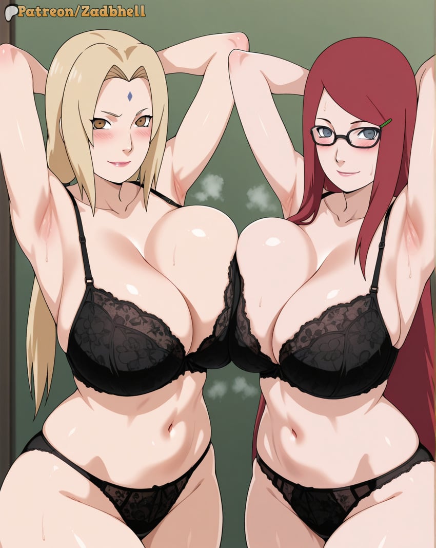 1girls 2girls ai_generated armpits arms_up ass breasts cameltoe curvy curvy_figure female female_only grin huge_ass huge_breasts light-skinned_female lingerie long_hair looking_at_viewer mature_female milf naruto naruto_(classic) naruto_(series) naruto_shippuden pubic_hair pussy pussy_juice smile thick_thighs thighs thong tsunade underwear uzumaki_kushina zadbhell