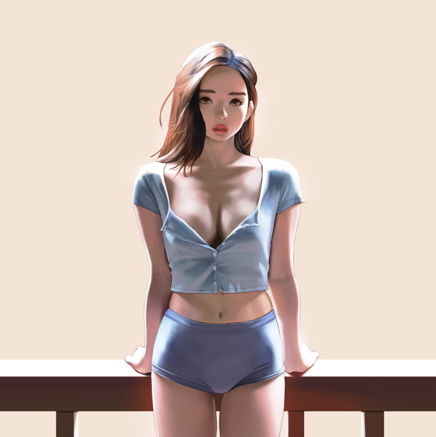 1:1_aspect_ratio breasts buruma cleavage female long_hair original_character photo_reference realistic shirt solo underwear white_shirt wonbin_lee