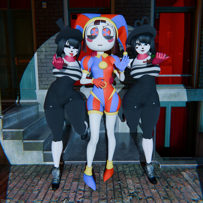 3d 3d_(artwork) 3d_render 3girls beckoning big_ass big_breasts bonbon_(derpixon) chuchu_(derpixon) cleavage clothed clothed_female dollar_bills fortnite jester jester_girl jester_hat looking_at_viewer mime mime_and_dash mime_girl money nervous non_nude pomni pomni_(tadc) pomni_(the_amazing_digital_circus) pov prostitution rotosama seductive seductive_eyes seductive_look sisters spotlight the_amazing_digital_circus thick_thighs tongue tongue_out viewer_pov waving waving_at_viewer