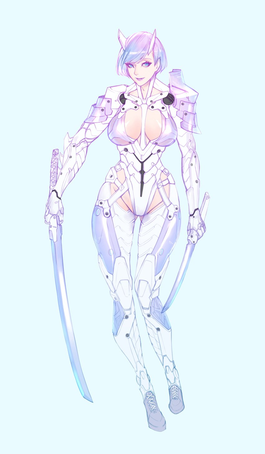 blue_eyes breasts cleavage cyborg dual_wielding female female full_body holding katana large_breasts lavender_hair looking_at_viewer mechanical_arms mechanical_legs original parted_lips short_hair shoulder_pads simple_background smile solo standing sword weapon wei_(kaminari0411)