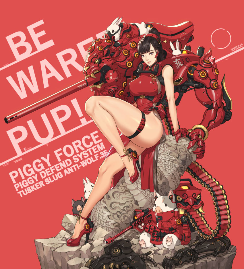 ammunition_belt breasts bunny cannon china_dress chinese_clothes cyborg female high_heels high_ponytail huge_breasts long_hair mecha_musume original pelvic_curtain pig red_background red_theme shoes sitting strappy_heels thigh_strap wei_(kaminari0411)