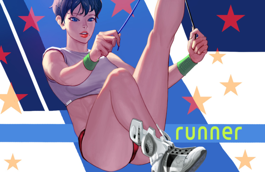 female lipstick shoes short_hair sitting sneakers solo sports_bra sportswear tying_shoes wonbin_lee