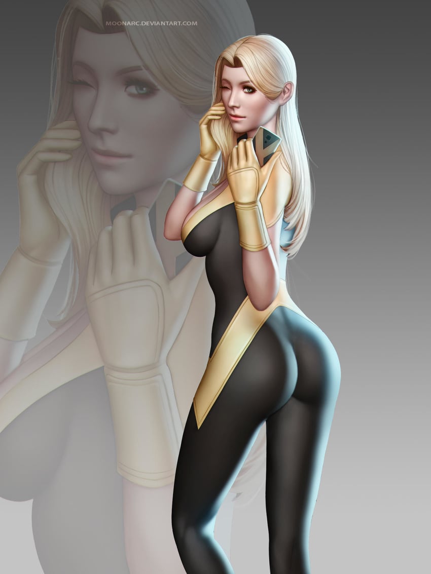 alison_crestmere ass audia_pahlevi backlighting blonde_hair bodysuit female female_only gradient_background homo_superior magma_(x-men) marvel marvel_comics moonarc mutant one_eye_closed pose selfie skin_tight smartphone solo superheroine x-men