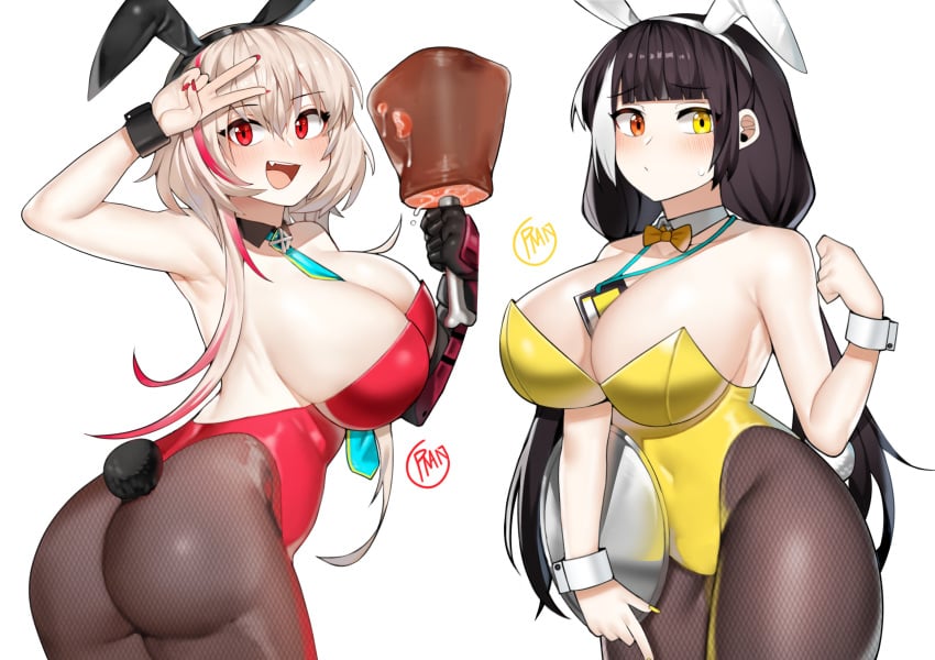 2girls animal_ears armpits breasts bunny_ears bunnysuit cleavage cowboy_shot female fishnets food girls'_frontline high_resolution huge_breasts m4_sopmod_ii_(girls'_frontline) meat multiple_girls pose ppapmang red_eyes ro635_(girls'_frontline) strapless_leotard thick_thighs twintails v very_high_resolution white_background