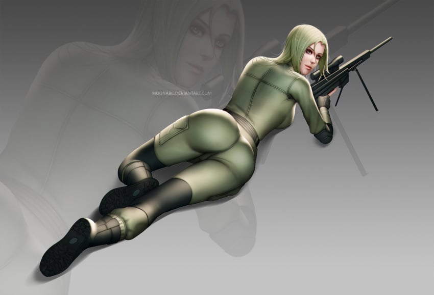 ass audia_pahlevi bodysuit boots female female_only gradient_background green_hair gun looking_at_viewer lying_on_stomach metal_gear_solid skin_tight sniper sniper_rifle sniper_wolf solo