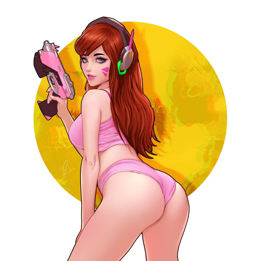 1:1_aspect_ratio arched_back asian ass auburn_hair back bare_arms bare_legs bare_shoulders blizzard_entertainment breasts circle cowboy_shot crop_top d.va eyebrows fei_teng female finger_on_trigger gun hand_up handgun headphones high-waist_panties highleg highleg_panties holding holding_weapon large_breasts leaning_forward legs light_blue_eyes lips lipstick long_hair looking_at_viewer makeup mismatched_eyebrows neon_trim nose overwatch pantsu parted_lips pink_lipstick pink_panties pink_shirt pink_shorts pink_undershirt pink_underwear pinup pistol pose shirt short_shorts shorts sleeveless solo undershirt underwear underwear_only wavy_hair weapon whisker_markings