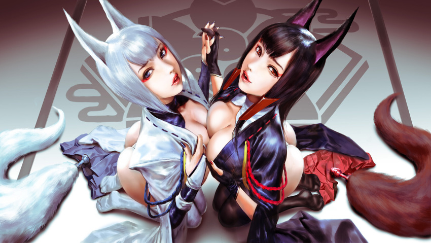 2girls akagi_(azur_lane) animal_ears ass asymmetrical_docking azur_lane black_hair blue_eyes blue_nails breast_press breasts bridal_gauntlets butt_plug_tail buttplug buttplug_tail fake_tail female gloves hair_tubes kaga_(azur_lane) kneeling large_breasts lips looking_at_viewer looking_up makeup medium_breasts medium_hair miniskirt multiple_girls nail_polish parted_lips pleated_skirt red_eyes red_nails sex_toy short_hair skirt smile symmetrical_docking tail thighhighs viewed_from_above wafuku white_hair wide_sleeves