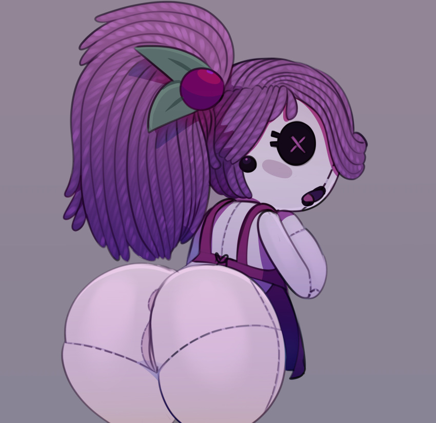 2019 absurd_res animate_inanimate anus ass bent_over biped black_lipstick blush blush_stickers bottomless button_eyes clothed clothing doll ear_piercing eyelashes female glum_plum grey_background hair hi_res humanoid humanoid_vagina lalaloopsy light_skin lipstick living_doll living_plushie makeup open_mouth pale_skin piercing plushie ponytail presenting_hindquarters pseudo_hair purple_hair pussy rear_view shortstack simple_background solo somescrub thick_thighs white_skin wide_hips