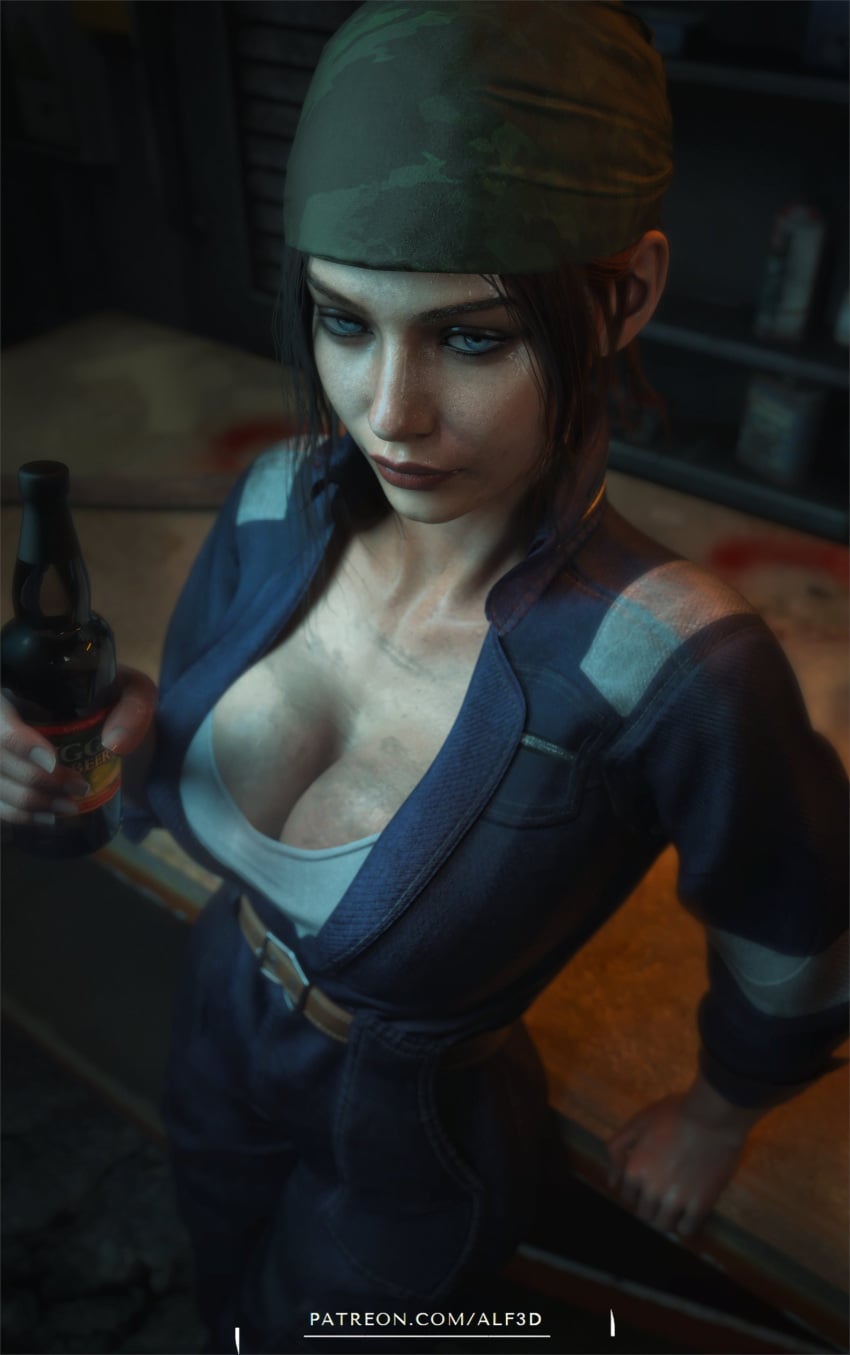 1girls 3d alf3d alternate_costume bandana beer beer_bottle big_breasts breasts brown_hair capcom claire_redfield claire_redfield_(jordan_mcewen) cleavage dirt dirty downblouse female female_only jumpsuit large_breasts mechanic_outfit resident_evil resident_evil_2 resident_evil_2_remake solo solo_female