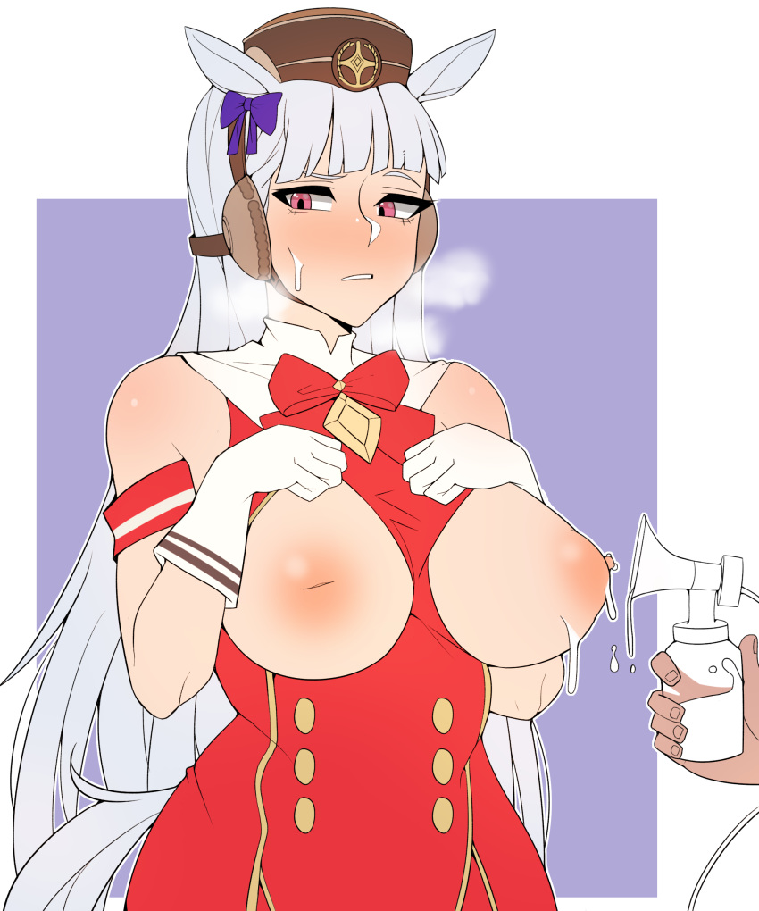 animal_ears breast_pump breasts breasts_out dripping female gloves hands_on_breasts huge_breasts lactation milking milking_machine outline ppapmang red_dress steam very_long_hair white_hair