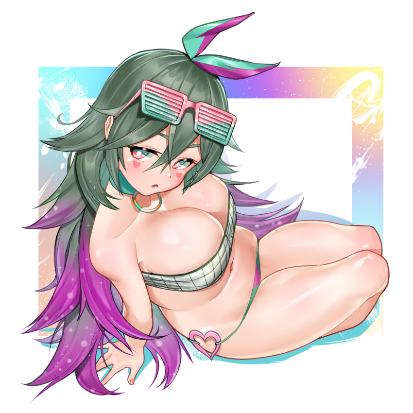 1:1_aspect_ratio ameli_(girls'_frontline) arm_support bare_shoulders bikini blush bow breasts clavicle cleavage dncks10 eyebrows_visible_through_hair eyewear_on_head facial_mark female girls'_frontline gradient_eyes gradient_hair green_hair hair_between_eyes hair_ornament hair_ribbon hairbow hairclip head_tilt high_resolution large_breasts long_hair looking_at_viewer midriff multicolored multicolored_eyes multicolored_hair nail_polish navel o-ring o-ring_bikini off_shoulder pink_eyes pink_hair red_eyes ribbon shiny shiny_skin skindentation solo stomach swimsuit thick_thighs thighs viewed_from_above wide_hips