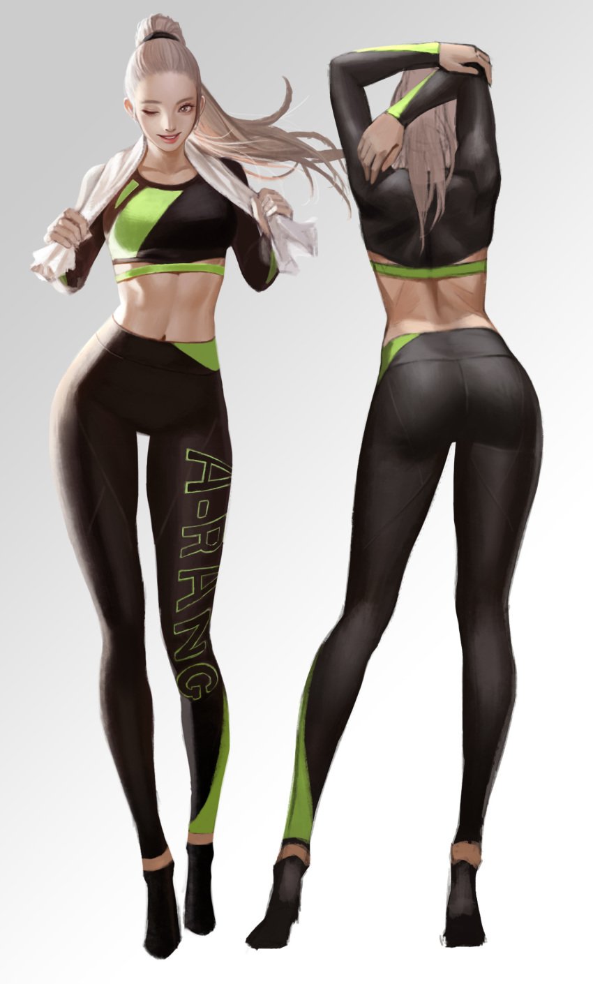 artstation blonde_hair female full_body long_legs multiple_views one_eye_closed original pantyhose ponytail skin_tight smile solo sportswear taekwon_kim tall tied_hair toned towel