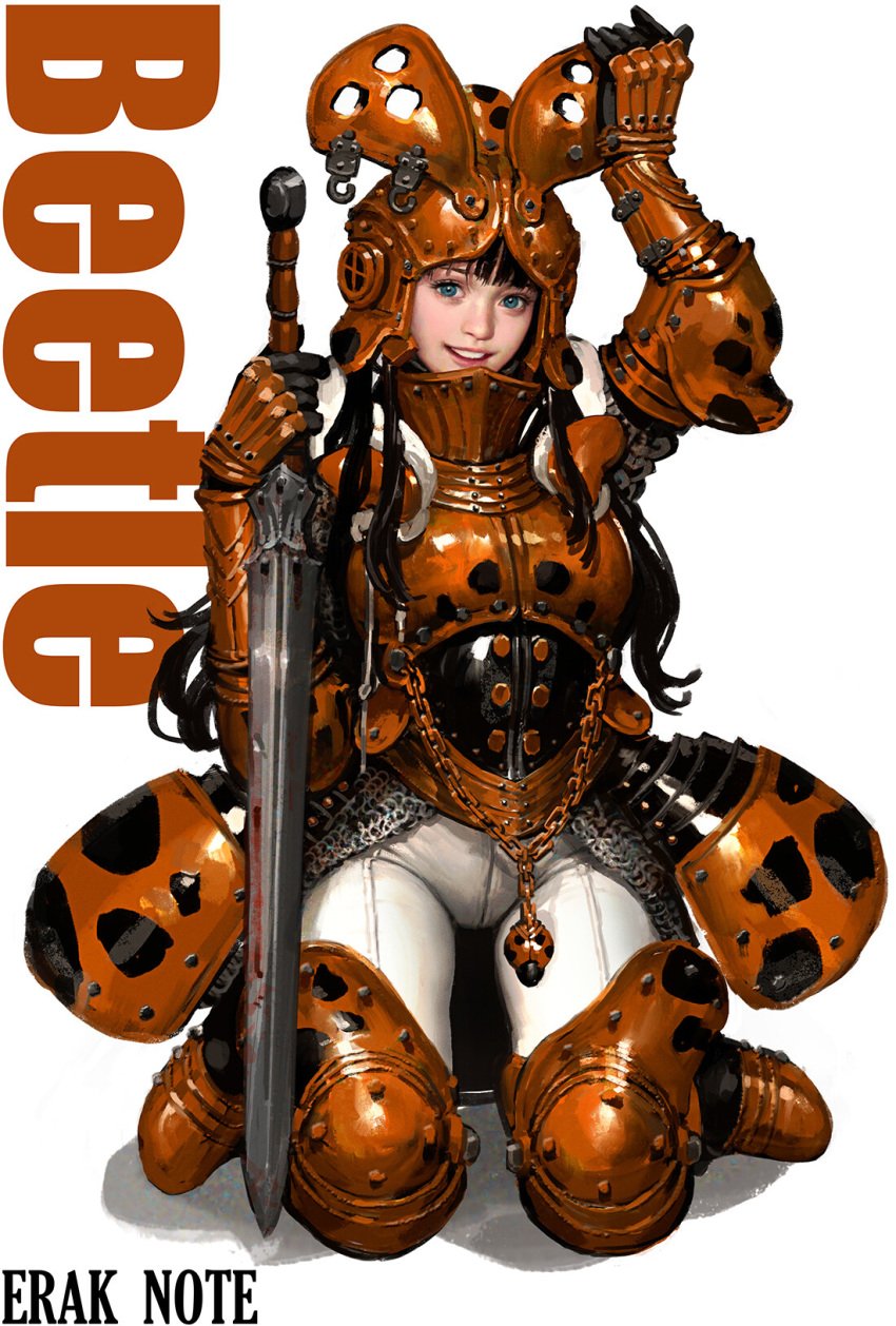 armor brown_armor erak_note female helmet kneeling medieval_armour smile solo sword visor_lift weapon