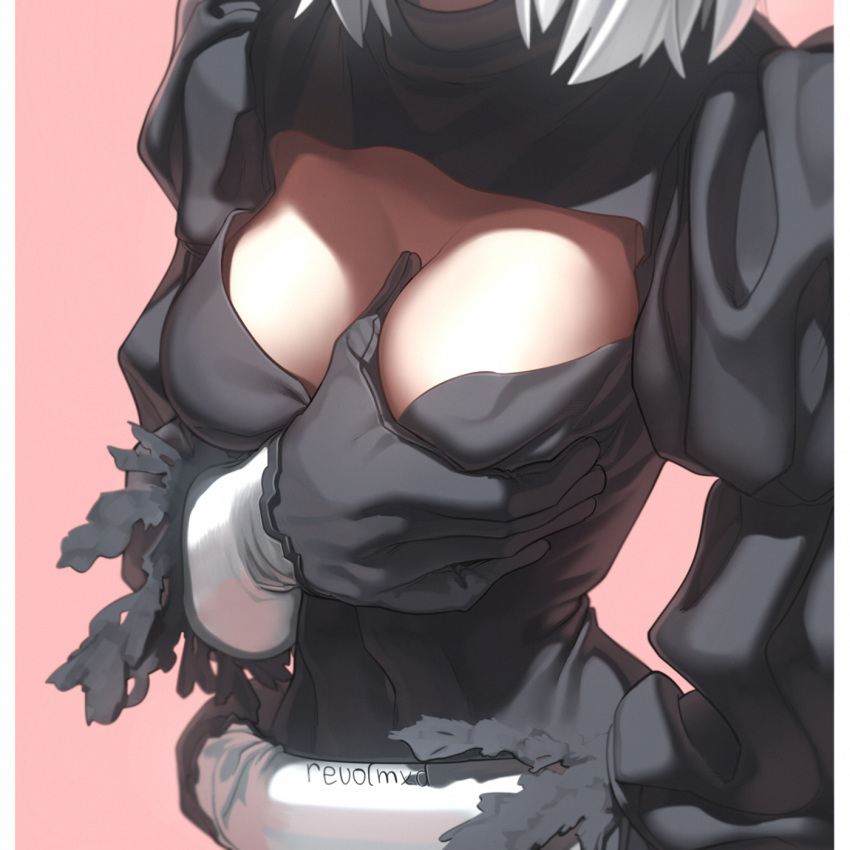 1:1_aspect_ratio android black_dress black_gloves breast_grab breast_hold breasts cleavage cleavage_cutout close-up dress feather-trimmed_sleeves female gloves grabbing grabbing_own_breast groping head_out_of_frame high_resolution juliet_sleeves large_breasts long_sleeves medium_breasts nier:_automata nier_(series) pink_background puffy_sleeves revolmxd self_fondle short_hair silver_hair simple_background solo vambraces yorha_2b