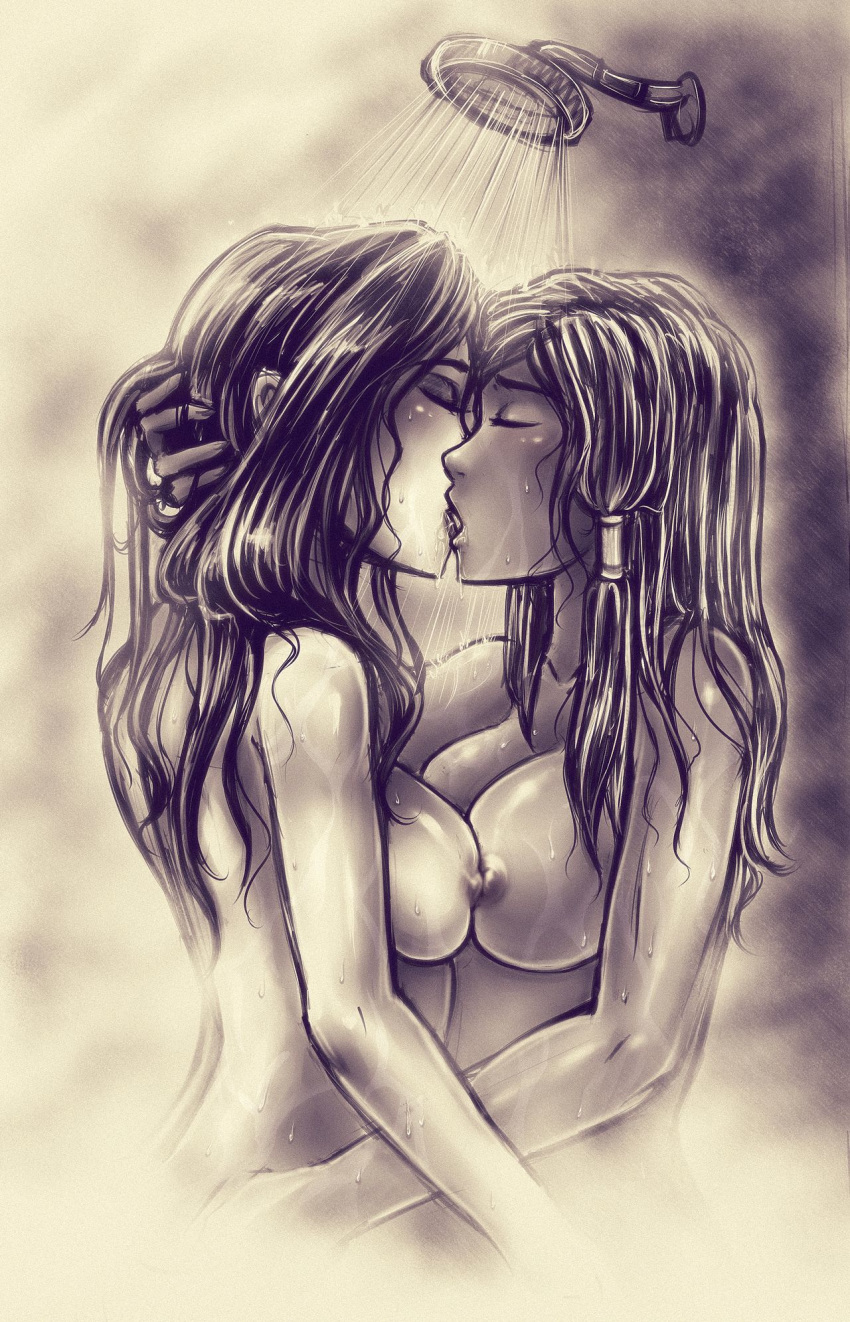 2girls absurd_res absurdres asami_sato avatar_the_last_airbender black_hair breast_press breast_to_breast breasts canon_couple closed_eyes dark-skinned_female dark_skin female female_only human iahfy k-y-h-u kissing korra long_hair medium_breasts monochrome multiple_females nipples nipples_touching shower the_legend_of_korra water wet yuri