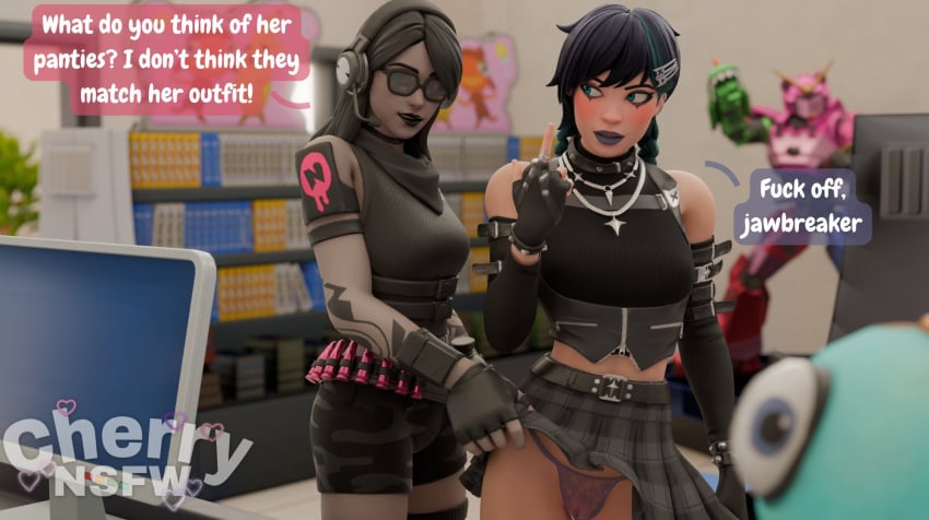 2girls 3d angry assisted_exposure blush cherrynsfw dialogue embarrassed_nude_female english_text female female_only fortnite jawbreaker_(fortnite) middle_finger office pussy rain_(fortnite) see-through_panties skirt_lift