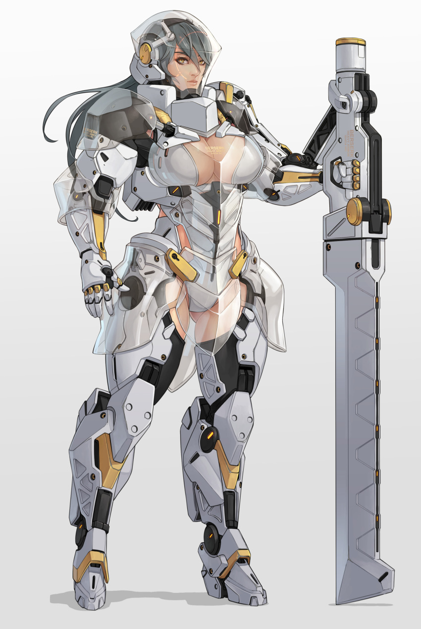 archway_of_venus armor battlesuit black_hair black_legwear breasts brown_eyes cleavage cyborg female female full_body gauntlets gluteal_fold grey_background groin gun helmet holding holding_weapon large_breasts long_hair original planted_weapon see-through simple_background solo standing thighhighs warrior weapon wei_(kaminari0411)