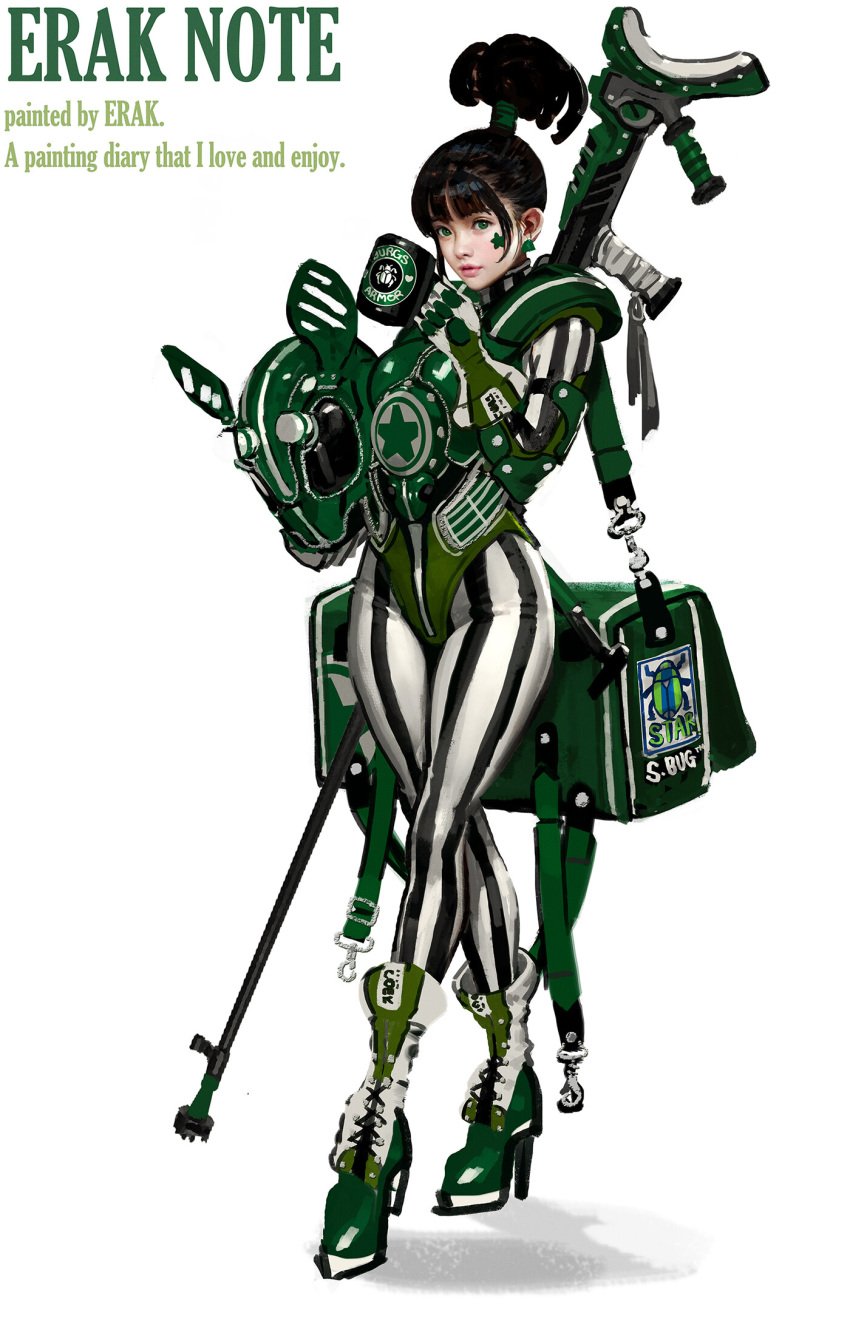 bag erak_note female female green_armor gun helmet logo standing striped striped_legwear weapon