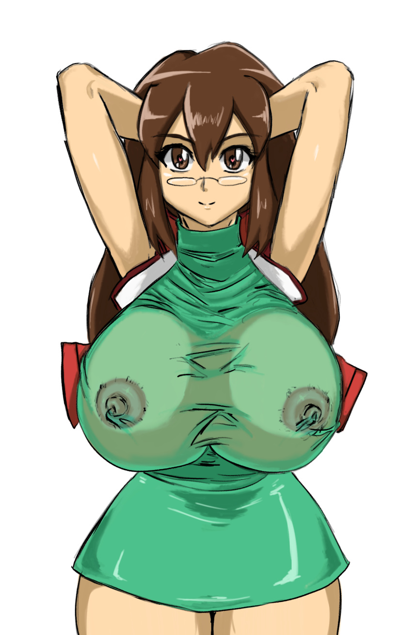 1girls areolae armpits arms_behind_head big_areola big_breasts breasts brown_eyes brown_hair busty curvy dress eye_contact female glasses green_dress heart-shaped_pupils huge_areolae huge_breasts large_breasts long_hair looking_at_viewer nipples nipples_visible_through_clothing presenting presenting_breasts shiny_clothes shiny_hair shiny_skin thick_legs voluptuous white_background yu-gi-oh! zahkey