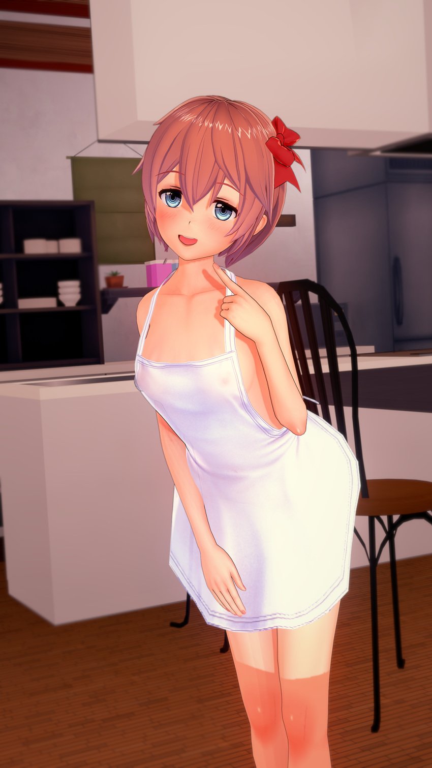 1girls 3d apron aroused blue_eyes blush blushing bow chair clothing collarbone doki_doki_literature_club erect_nipples erect_nipples_under_clothes eyebrows_visible_through_hair eyelashes female female_only fingernails hair_between_eyes hair_bow hairbow highres house indoors just_sayori koikatsu koikatu light-skinned_female lips looking_at_viewer medium_breasts naked_apron nipples_visible_through_clothing open_mouth partially_clothed pink_hair pointing_at_self red_bow sayori_(doki_doki_literature_club) see-through see-through_clothing sexually_suggestive shiny_hair short_hair sideboob smile smiling solo standing teeth tongue video_game video_games white_apron witchanon