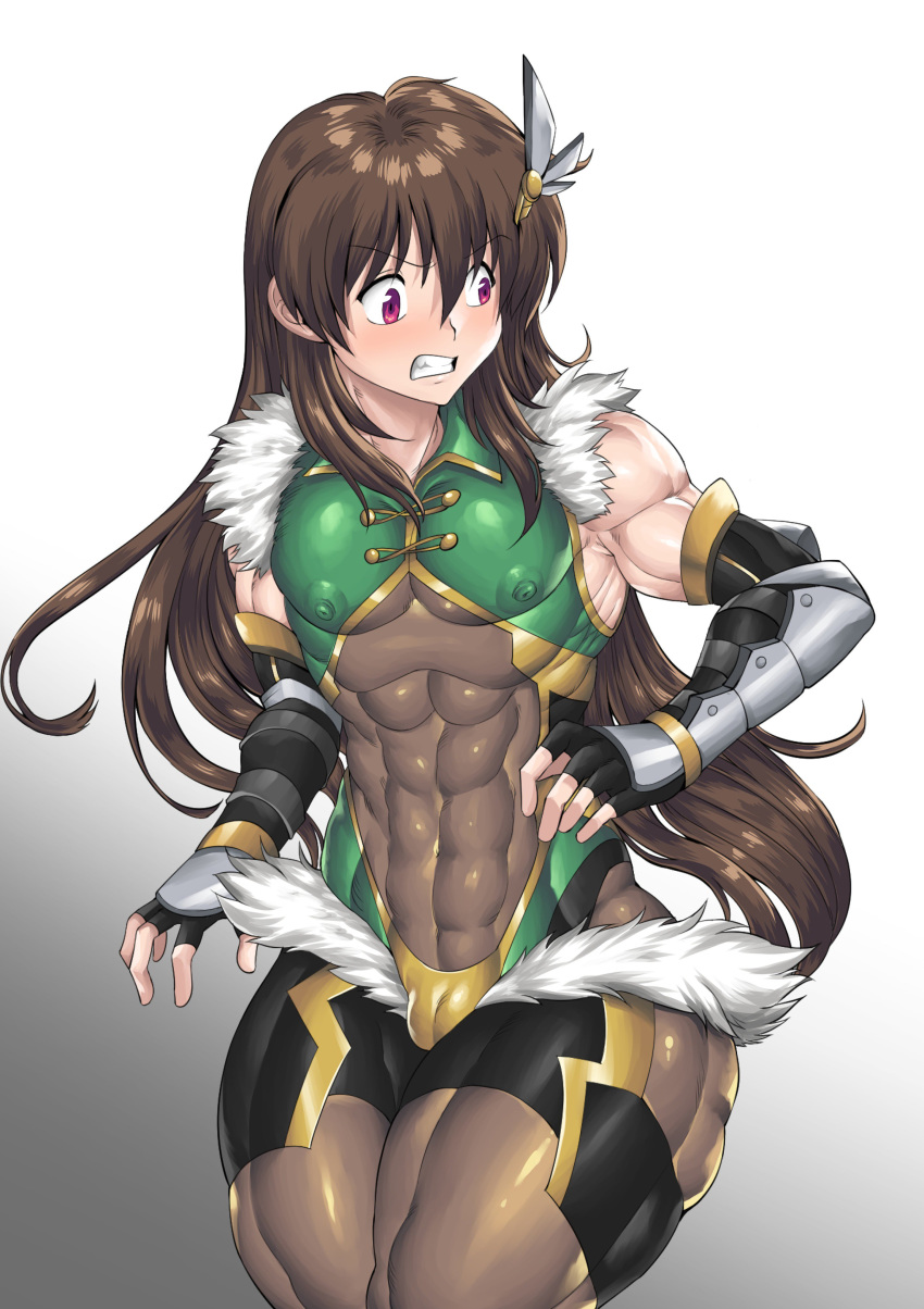 1boy abs absurdres ambush_(trap) armor bodysuit brown_hair bulge femboy fur girly hourglass_figure long_hair male male_only muscular_femboy muscular_male nekogohan96 shikanosuke_(taimanin_asagi) solo taimanin_(series) taimanin_asagi taimanin_rpgx thick_thighs uehara_shikanosuke