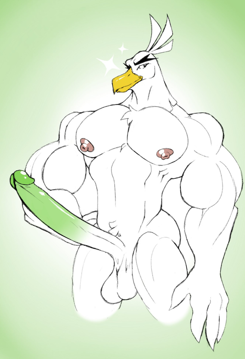 1boy 2019 4_fingers abs anthro anthrofied areolae avian beak biceps big_hands big_muscles big_pecs big_penis biped bird black_eyes crest erect_nipples erection eye_contact eyebrows feather_hands feather_tuft feathered_crest feathers fingers front_view glans green_background green_glans green_penis half-closed_eyes half-length_portrait hand_on_hip head_tuft hi_res huge_penis humanoid_penis hyper hyper_penis large_penis littlefahita long_penis looking_aside looking_at_viewer looking_away male male_only multicolored_penis muscular muscular_male muscular_thighs neck_muscles nintendo nipples nude pecs penis pink_areola pink_nipples pokémon_(species) pokemon pokemon_ss pokemorph portrait pose pubic_hair sagging_balls simple_background sirfetch'd smile solo sparkles standing testicles thespicyminty thick_eyebrows thigh_gap thin_penis triceps tuft two_tone_penis video_games white_feathers white_penis white_skin yellow_beak