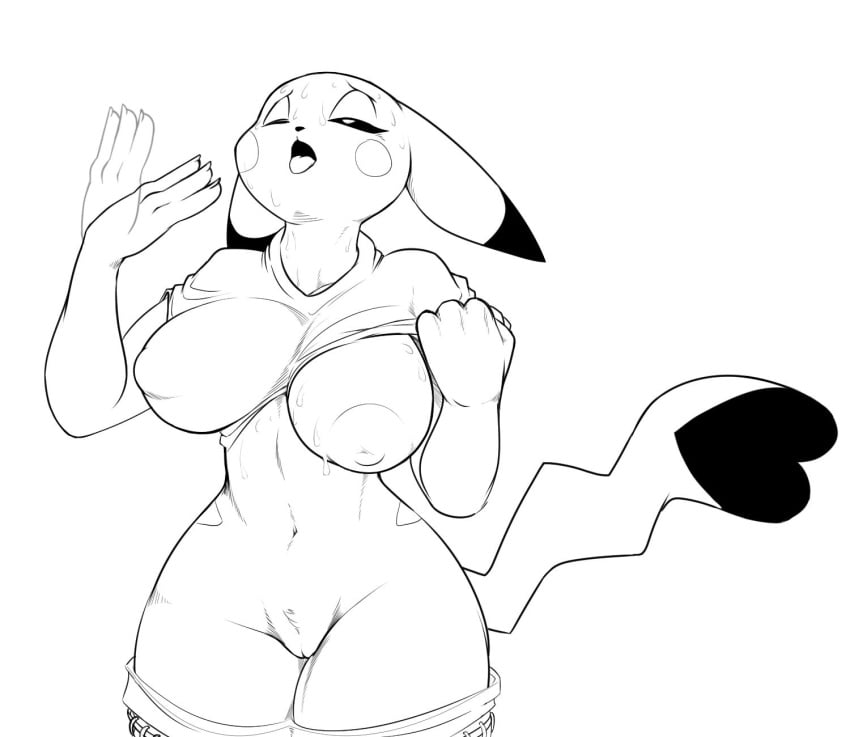 1girls 2019 abs anthro anthrofied areola big_ass big_breasts big_ears big_eyes big_tail black_and_white bodily_fluids breasts cleft_tail clothed clothes clothing cosplay_pikachu danonymous eye_contact eyelashes female furry half-closed_eyes hi_res huge_breasts impossible_clothes inverted_nipples large_breasts long_ears looking_at_viewer looking_up motion_blur nintendo nipples open_mouth original_character pants pants_down partially_clothed pikachu pokémon_(species) pokemon pokemon_rgby pose pubic_hair pussy rodent shirt shirt_lift simple_background solo standing sweat sweaty_body tail thick_thighs thin_waist tongue tongue_out video_games wet white_background wide_hips