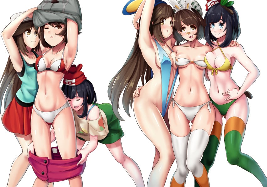 3girls abs alternate_outfit animal_ears arm_around_waist armpits arms_up ass_visible_through_thighs assisted_exposure bandaid bandaid_on_nose belly bent_over bikini black_hair blue_bikini blue_eyes blush bra breast_press breasts brown_eyes brown_hair cleavage closed_eyes cosplay criss-cross_halter eye_contact eyelashes fake_animal_ears fake_tail female_only gloria_(pokemon) green_socks green_thighhighs grookey_(cosplay) halterneck hat human human_only lace-trimmed_thighhighs leaf_(pokemon) long_hair looking_at_viewer midriff multiple_girls multiple_views navel nico-mo nintendo open_mouth panties pokemon pokemon_(cosplay) pokemon_frlg pokemon_sm pokemon_ss pose red_skirt scorbunny_(cosplay) selene_(pokemon) shirt shirt_lift short_hair shorts side-tie_bikini sideboob simple_background skirt skirt_down sling_bikini small_breasts smile sobble_(cosplay) socks swimsuit tail tam_o'_shanter tank_top thigh_gap thighhighs tongue underboob underwear undressing white_background white_bikini white_panties white_socks wide_hips yellow_bikini