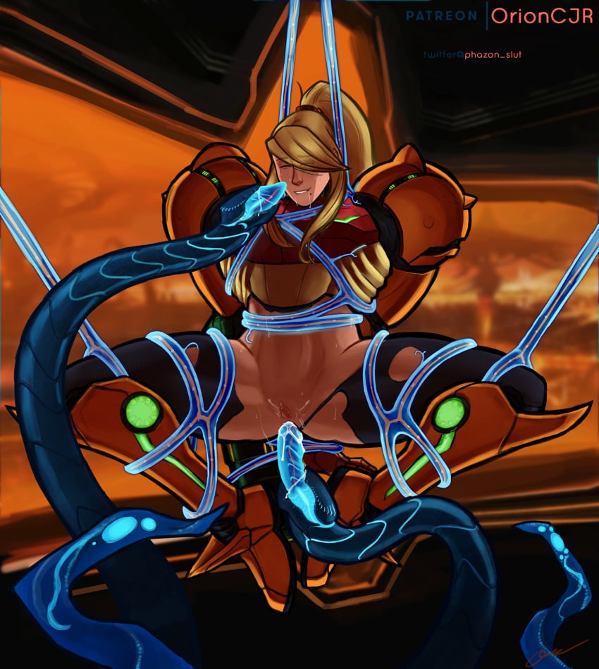 1girls anal armor armored_samus arms_behind_back bare_legs bare_midriff biting_lip blonde_hair blue_eyes bondage closed_eyes drool exposed_pussy metroid metroid_prime_3:_corruption nintendo partially_clothed patreon_logo patreon_username phazon phazon_slut ponytail power_suit pubic_stubble pussy_juice restrained samus_aran signature spread_legs stomach_bulge sweat tentacle thick_thighs tied_up torn_bodysuit varia_suit