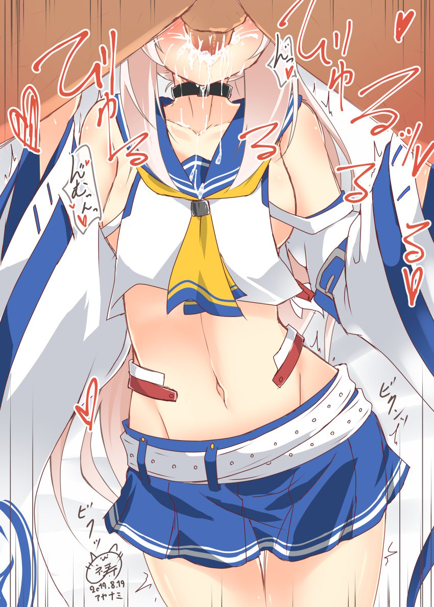 1boy 1girls absurdres ayanami_(azur_lane) azur_lane belt blonde_hair blush breasts choker collar collarbone cum cum_in_mouth cum_in_throat cute deepthroat detached_sleeves egirl fellatio female fringe gag gagged_speech gagging groin highres implied_deepthroat implied_oral inori_(xyz5568) light-skinned_female light-skinned_male light_skin long_hair medium_breasts midriff motion_lines navel oral orange_eyes penis petite ponytail sakura_empire_(azur_lane) simple_background solo_focus teenager thigh_gap white_background