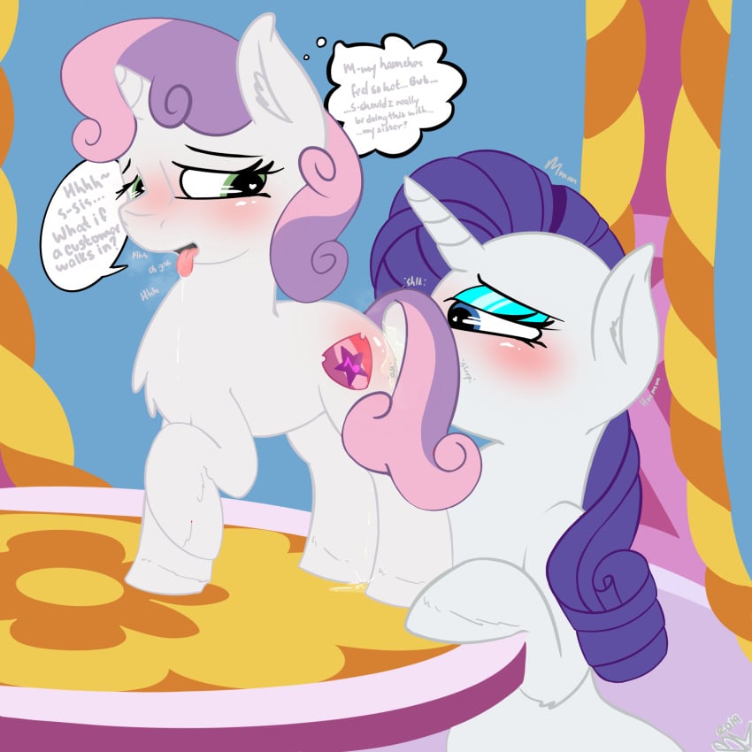 1:1 2019 bloodymascarade blush bodily_fluids cub cunnilingus cutie_mark duo english_text equid eyebrows eyelashes female female/female feral friendship_is_magic furry hair hi_res horn incest inside mammal my_little_pony oral rarity_(mlp) sex sisters sweat sweetie_belle_(mlp) table text tongue tongue_out unicorn unicorn_horn vaginal_penetration young yuri