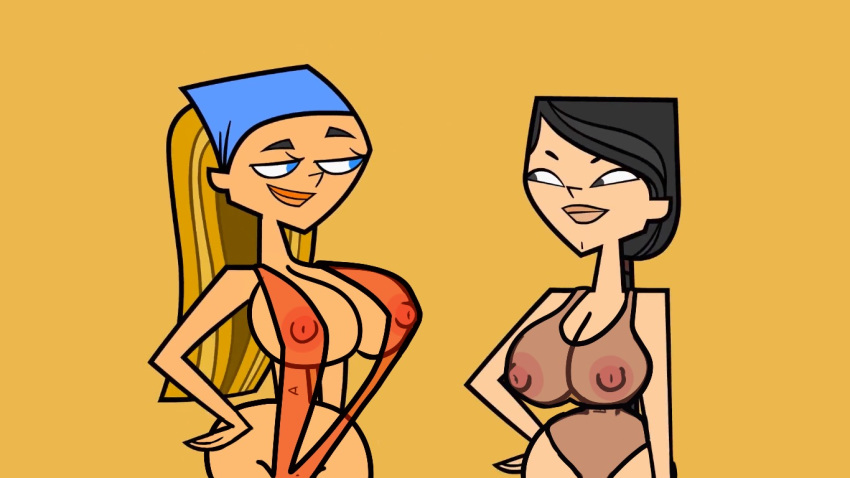 2girls edit female female_only gigantic_breasts heather_(tdi) htdmason huge_breasts human human_only lindsay_(tdi) multiple_girls screenshot screenshot_edit see_through string_bikini total_drama_island wide_hips