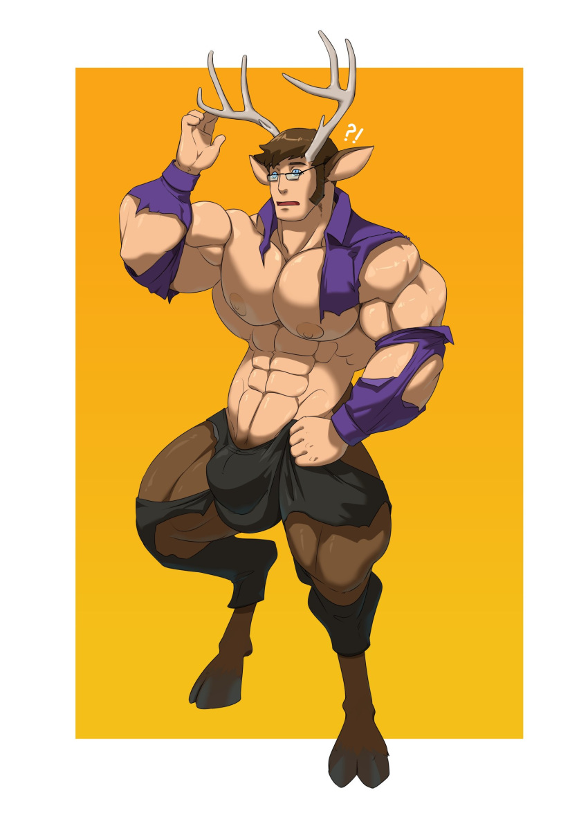 anthro big_muscles buck_(disambiguation) bulge cervid clothing confusion digitigrade eyewear flaccid glasses growth hi_res hooves horn humanoid kartos male male_only mammal muscular post_transformation satyr solo solo_male surprise surprise_transformation torn_clothing transformation