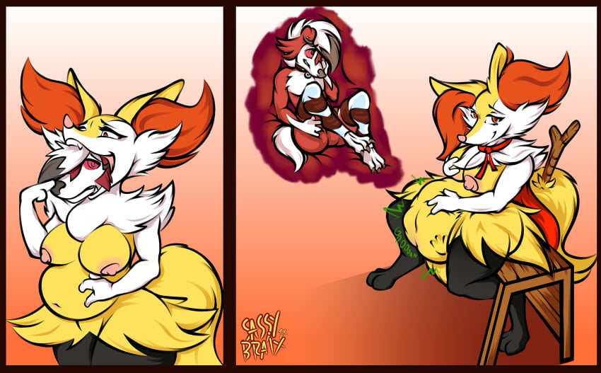 1girls ambiguous_gender anthro belly big_belly braixen breasts canine cloak clothing collar digestion eating female fluffy fox furry half-closed_eyes hi_res internal large_breasts larger_female legwear lycanroc mammal midnight_lycanroc nintendo nipples nude oral_vore original_character pokémon_(species) pokemon pokemon_(species) pokemon_sm pokemon_xy sassylebraix size_difference text thick_thighs video_games vore watermark wide_hips