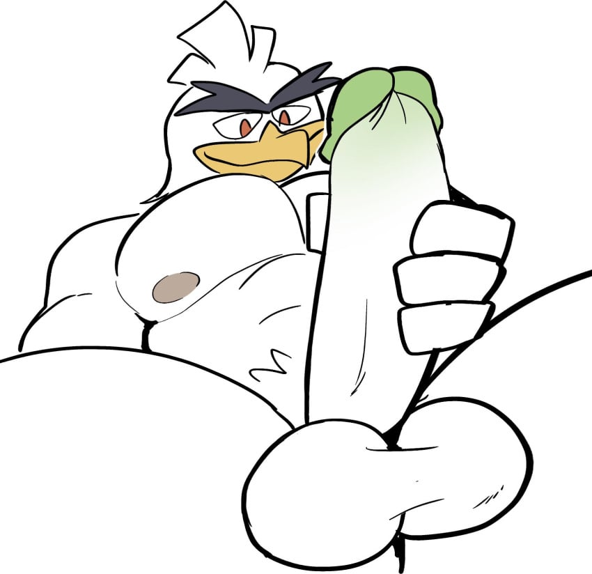 1boy 2019 4_fingers aliasing anthro anthrofied areola avian bara beak big_pecs big_penis bird elfein erection eyebrows feather_tuft feathers fingers frenulum front_view glans green_glans head_tuft hi_res holding_penis humanoid_penis large_penis light_theme low-angle_view male male_only muscular muscular_male nintendo nude orange_eyes pecs penis pink_areola pokémon_(species) pokemon pokemon_ss pokemorph presenting presenting_penis pubic_hair reclining red_eyes simple_background sirfetch'd sitting smile solo spread_legs spreading testicles thick_thighs tuft unibrow video_games white_background white_feathers white_penis white_skin yellow_beak