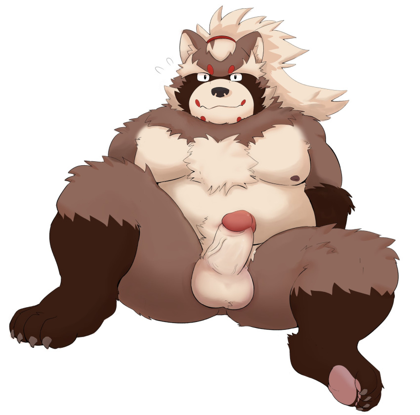 2019 anthro ass balls belly brown_fur canid canine dasoowolf erection fur goemon_(tokyo_afterschool_summoners) hi_res humanoid_penis male male_only mammal moobs nipples overweight overweight_male penis raccoon_dog simple_background sitting solo tanuki tokyo_afterschool_summoners video_games white_background