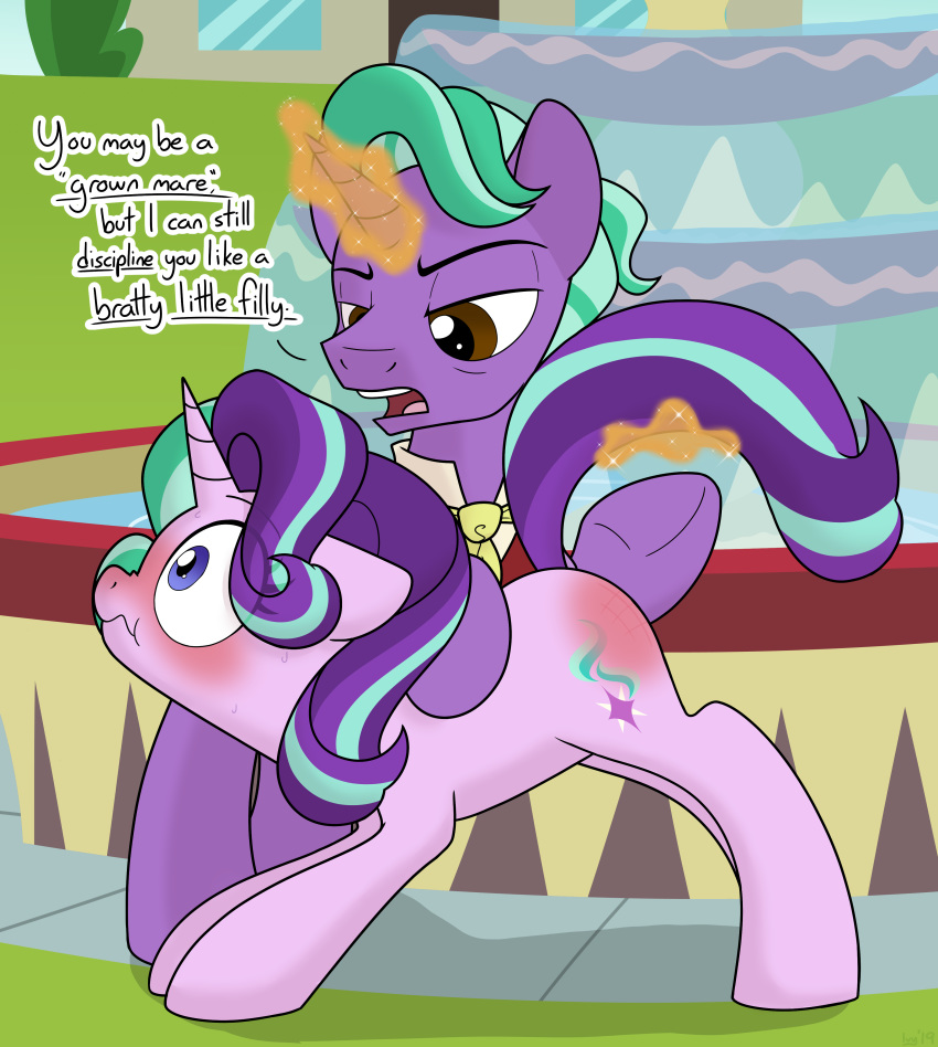 2girls ass big_eyes blush dialogue equine feral firelight_(mlp) friendship_is_magic furry hooves horn humiliation ivy_rose magic my_little_pony outdoors public_humiliation punishment punishment_spanking spank_marks spanking starlight_glimmer sweetfilthyfun tail