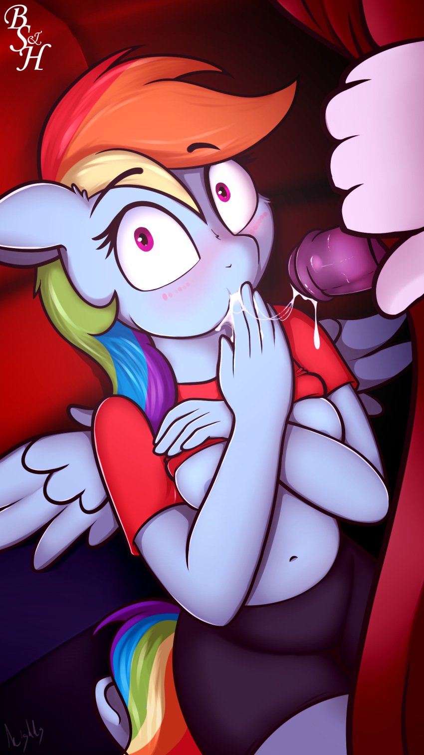 2019 5_fingers animal_genitalia animal_penis anthro bodily_fluids breasts clothing cum digital_media_(artwork) equid equine equine_penis female fingers friendship_is_magic furry genital_fluids hi_res horsecock looking_at_viewer male mammal my_little_pony neighday penis pterippus rainbow_dash_(mlp) solo_focus straight straight_hair wings