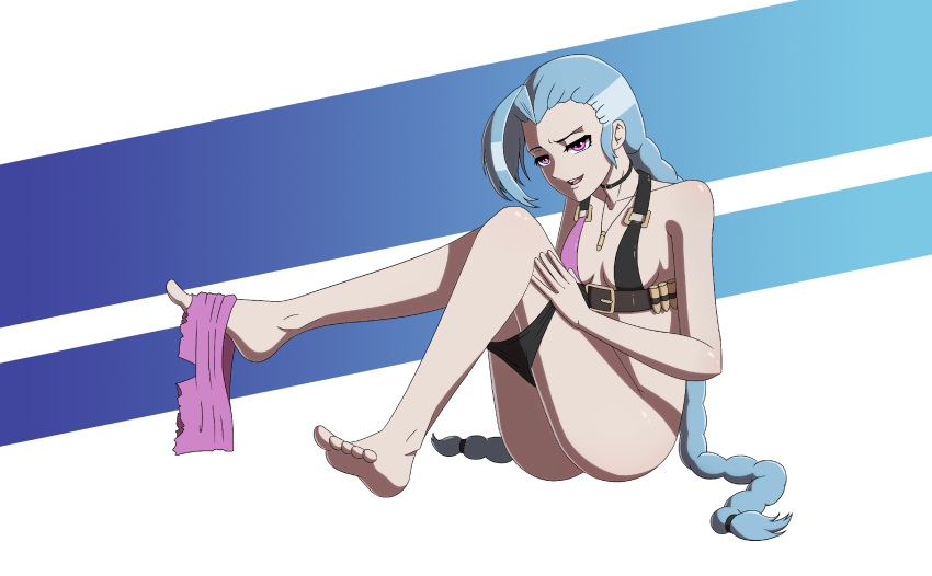 aurora-zone black_panties blue_hair feet jinx_(league_of_legends) league_of_legends panties purple_eyes teasing undressing