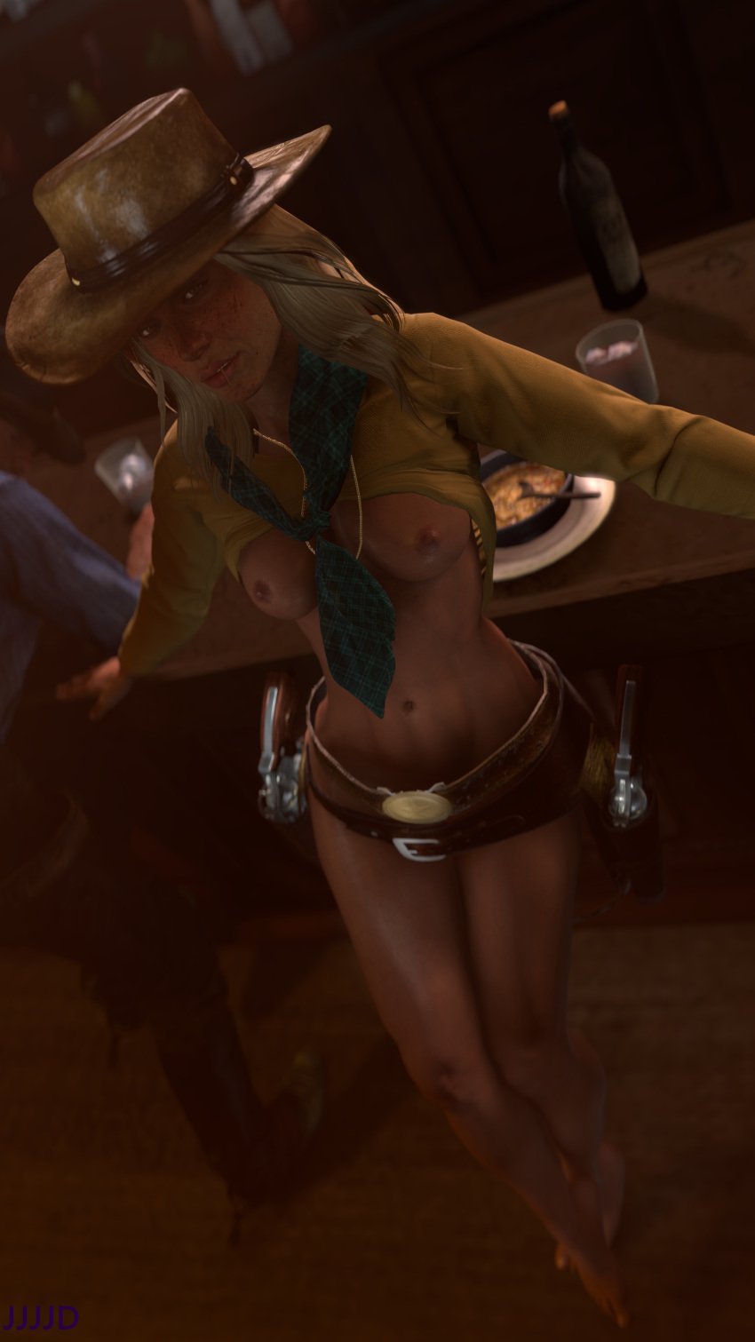 1girls 3d abs alcohol belt blonde_hair breasts feet female food gun gunbelt hat inviting jjjjd legs long_hair looking_at_viewer neckerchief necklace partial_male red_dead_redemption_(series) red_dead_redemption_2 revolver sadie_adler saloon smile source_filmmaker stomach