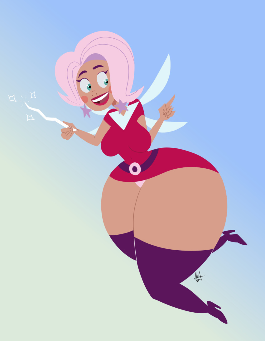 a_kind_of_magic belt big_hair blue_background boots bottom_heavy curvy cyan_background fairy fairy_wings female flying gradient_background hyper_thighs index_finger_raised insect_wings jarsman_(artist) milf pac-man_eyes pink_hair pink_panties short_dress signature solo thick_thighs thighhighs toony upskirt waist_belt wand wasp_waist wide_hips willow_(a_kind_of_magic) wings