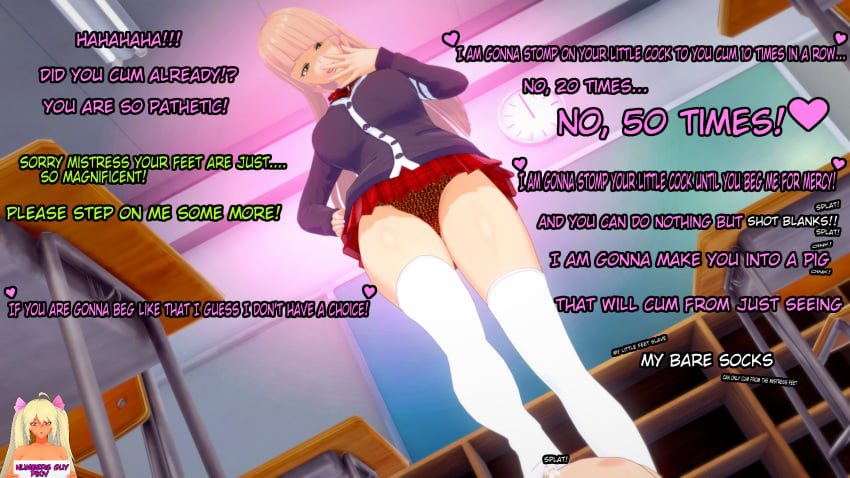 1boy 1girls 3d bangs big_breasts blonde_hair breasts caption classroom clothed_female clothed_female_nude_male cold_(numbersguy) cum cum_on_feet cum_on_self cum_on_thighhighs cumdrip desk domination english_text feet female femdom foot_fetish footjob footjob_with_legwear green_eyes humiliation koikatsu large_breasts leopard_print long_hair looking_at_viewer looking_down male numbersguy original panties pantyshot pantyshot_(standing) pathetic penis premature_ejaculation school small_penis small_penis_humiliation sockjob speech_bubble standing standing_footjob text white_legwear white_thighhighs