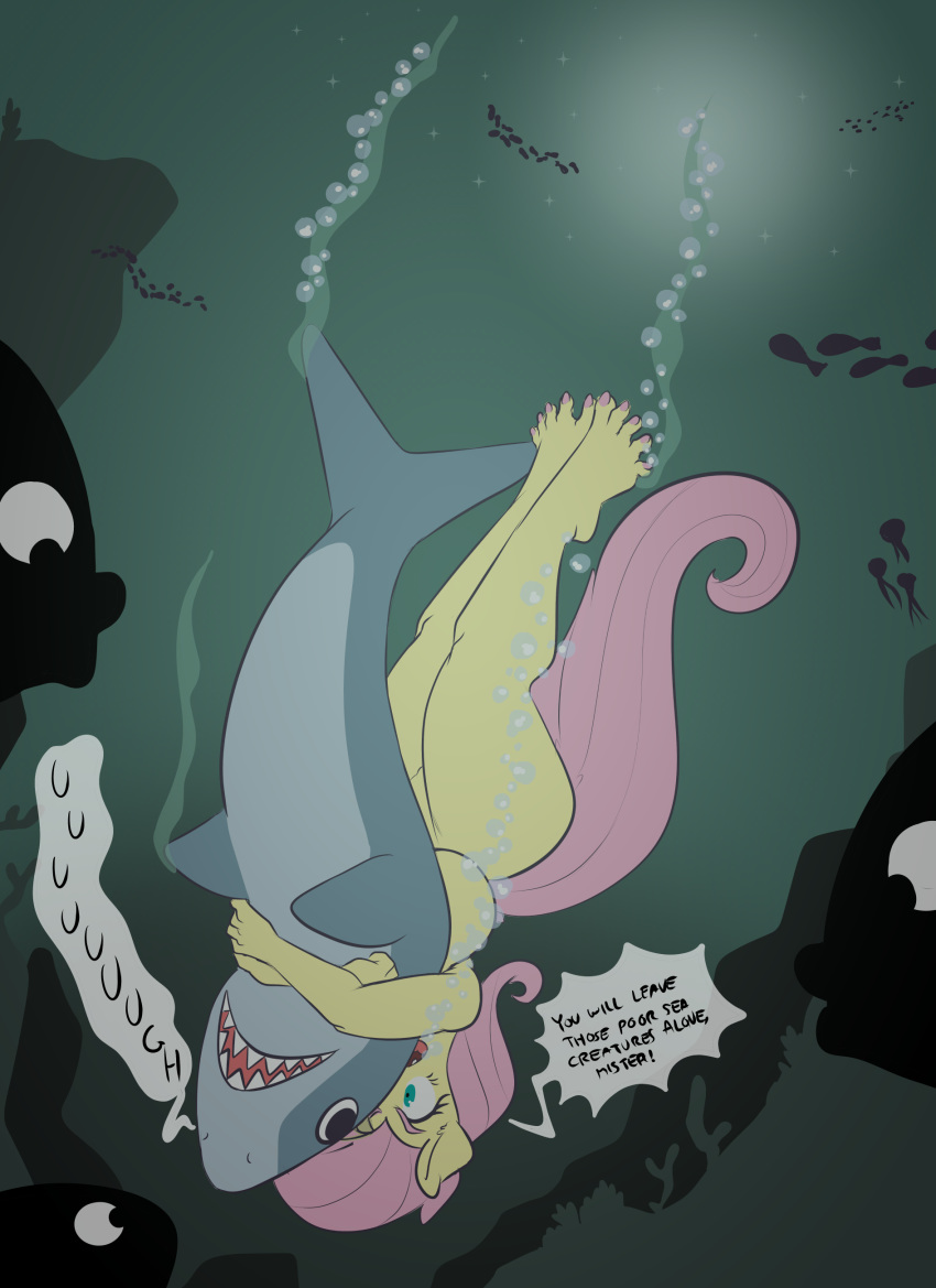 1girls ambiguous_gender angry anthro anthrofied ass breasts dialogue fluttershy_(mlp) friendship_is_magic furry haiku haikuoezu_(artist) huge_breasts my_little_pony shark straight_hair sweethd swimming text underwater