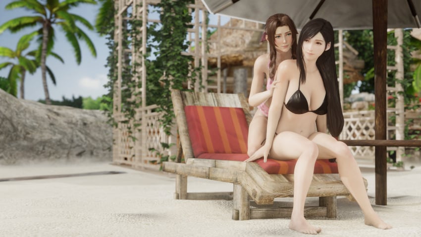 2girls 3d aerith_gainsborough black_hair brown_hair female_only final_fantasy final_fantasy_vii green_eyes lazyprocrastinator red_eyes square_enix swimsuit tifa_lockhart