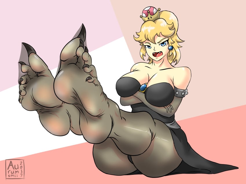 aurumsmii blonde_hair blue_eyes bowsette d:< earrings feet foot_fetish foreshortening genderswap looking_at_viewer mario_(series) new_super_mario_bros._u_deluxe nintendo nylons pantyhose super_crown toe_claws toenail_polish