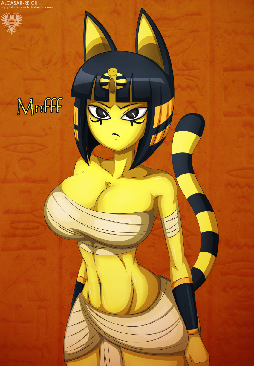 1girls abs alcasar-reich animal_crossing animal_ears ankha anthro armpits bandages bare_shoulders belly big_breasts big_ears black_eyes blue_fur blue_hair bob_cut bracelet breasts cat_ears cat_tail cleavage clothed deviantart egyptian english_text eye_contact eyeshadow feline female female_only furry half-closed_eyes huge_breasts large_breasts looking_at_viewer makeup midriff navel nintendo orange_background pose short_hair skirt solo standing stripes tail text thin_waist url watermark wide_hips yellow_fur