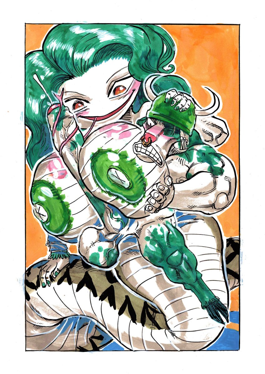 2019 absurdres anaconda anthro areolae balls big_penis boa_(snake) boa_sandersonia boinae bovid bovine breasts cattle duo ear_piercing female goudadunn green_hair highres horn huge_breasts hyper hyper_breasts hyper_penis large_breasts long_hair male mammal minkmen_(one_piece) muscles nipples one_piece penis piercing reptile roronoa_zoro scalie simple_background size_difference snake tongue tongue_out yellow_eyes